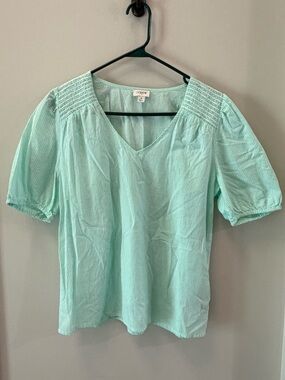 J. Crew Women's Mint Green pin striped V-neck puff-sleeve top size small